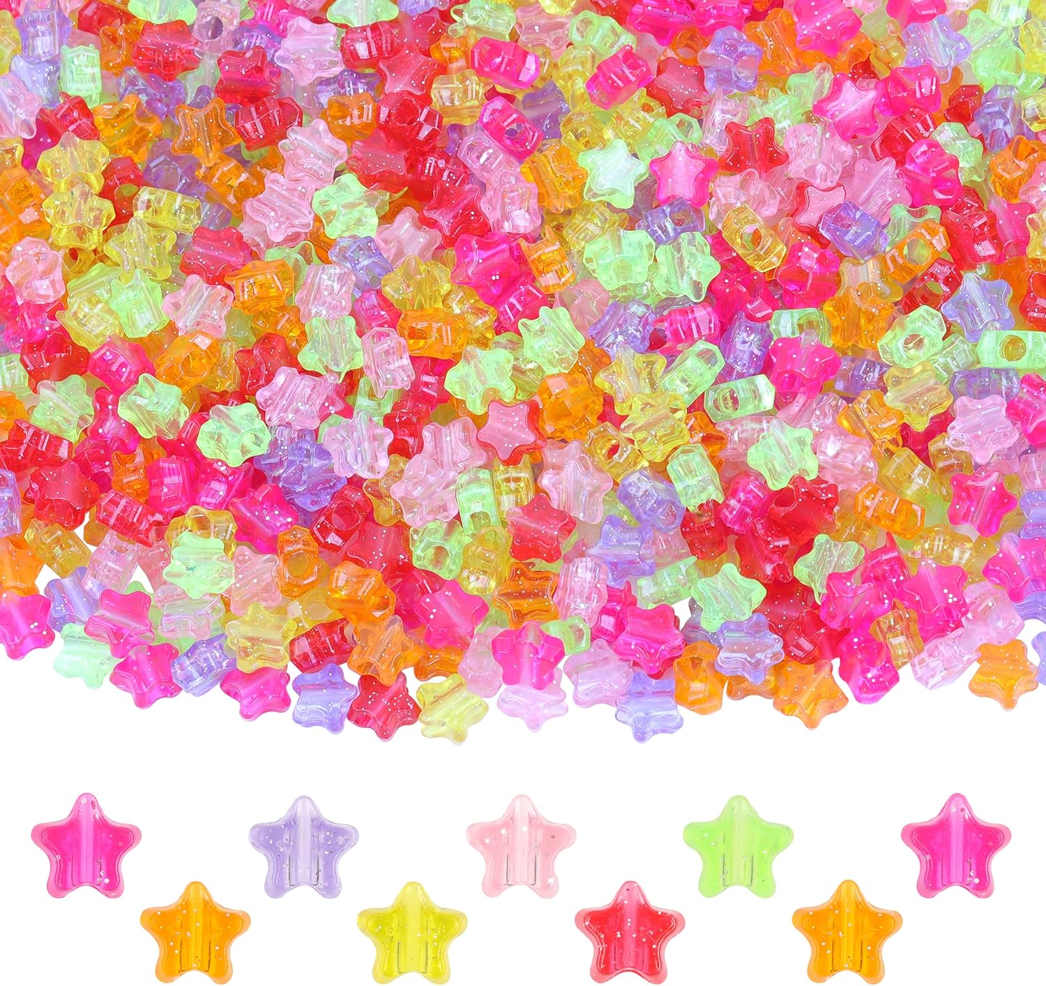 1000Pcs Glitter Pony Beads Shapes for Bracelet Star Beads for Friendship Bracelets Colourful Valentine's Day Beads for DIY Jewelry Making Bracelet Necklace Party Decoration Supplies