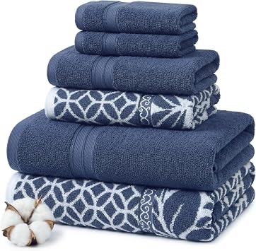 Modern Threads Trefoil Filigree 6-Piece Reversible Yarn Dyed Jacquard Towel Set - Bath Towels, Hand Towels, Washcloths - Super Absorbent & Quick Dry - 100% Combed Cotton