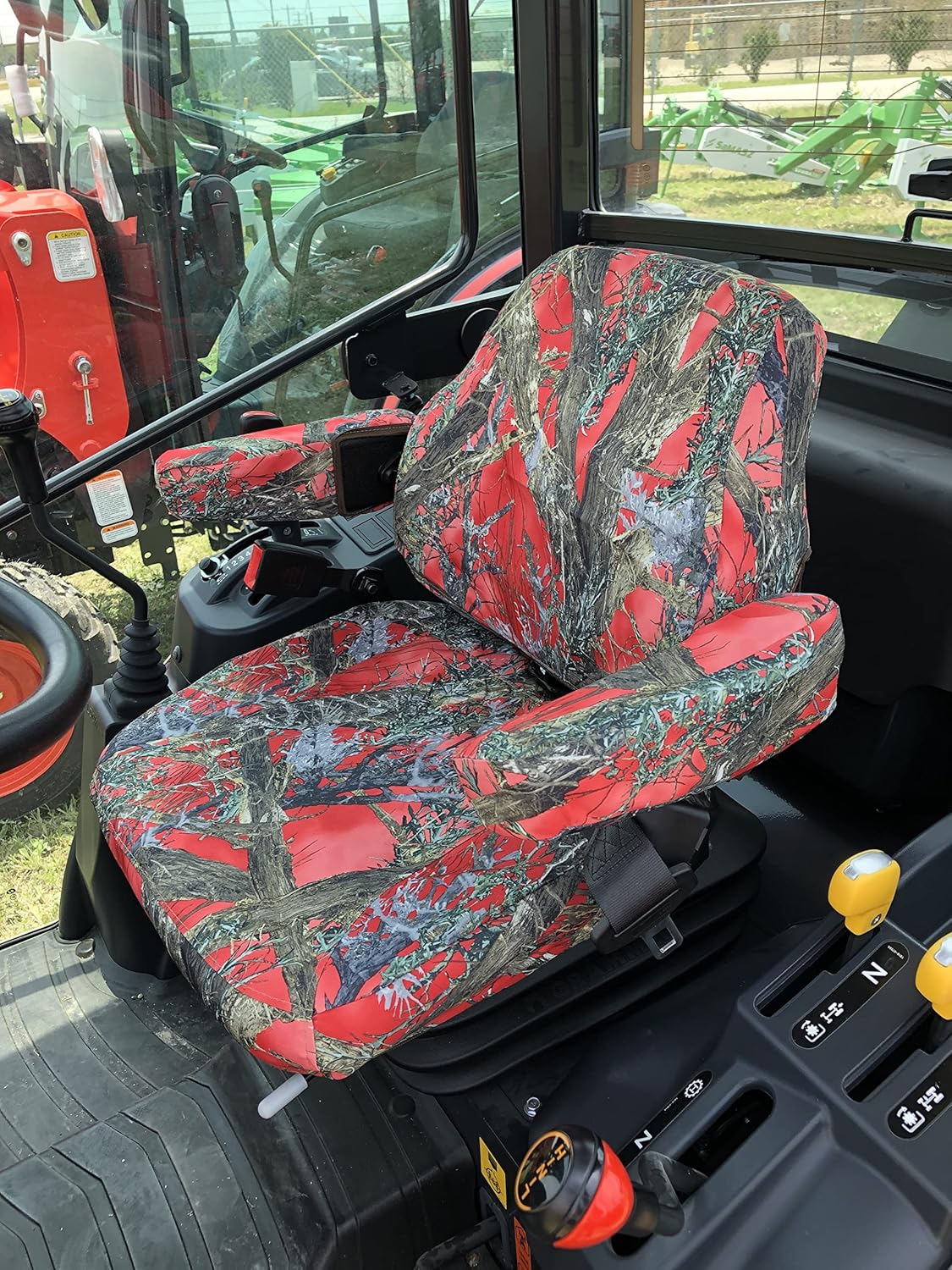 Durafit Seat Covers, Compatible with 2022+ KIOTI CK,DK and NS Series Tractor, CAB ONLY Grammar Suspension seat. Two Piece Vinyl seat, with ARMREST. Red Camo Waterproof Endura.