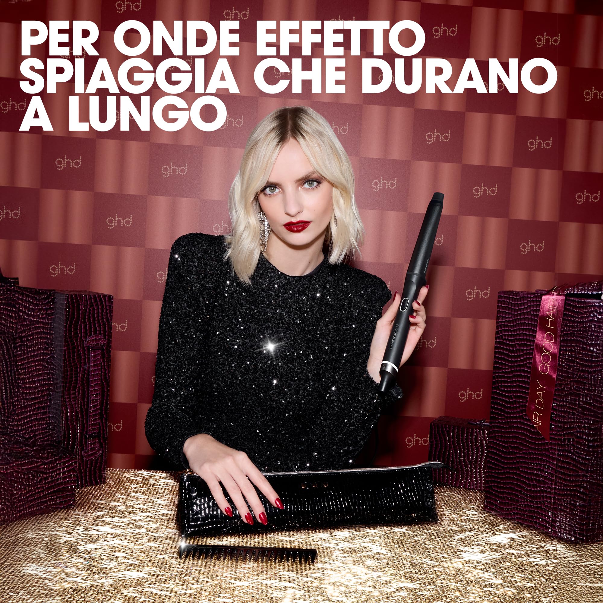 ghd Set Regalo Chronos Curve Conical Wand, Include Ferro Arricciacapelli, Pettine Antistatica e Custodia Termoresistente, Beach Waves Durature e 50% più Lucenti, Senza Danni da Calore, Spina EU