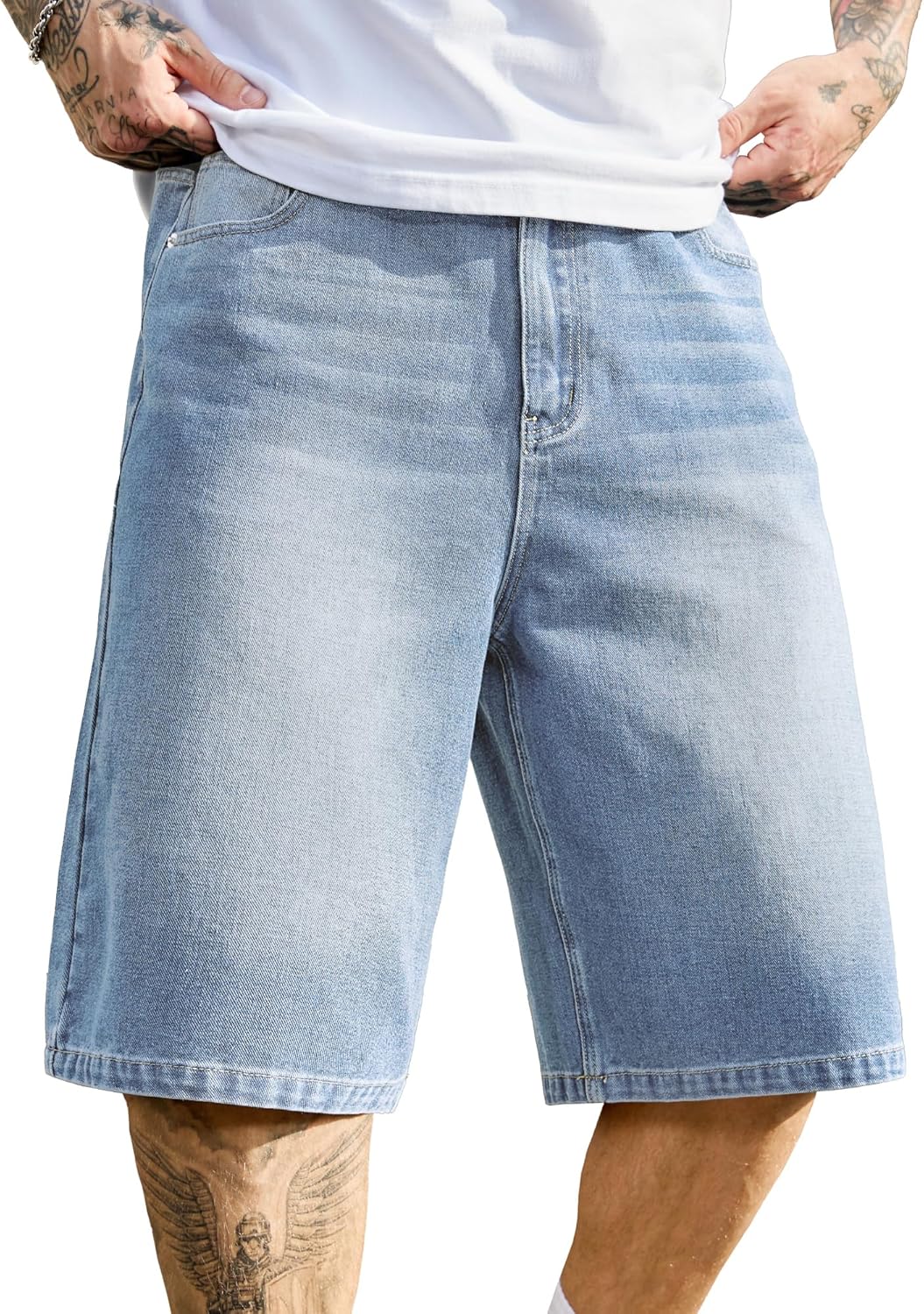 PLEPAN Mens Baggy Jean Shorts 12" Vintage Loose Fit Wide Leg Long Denim Shorts Y2K Streetwear Hip Hop Below Knee Jorts
