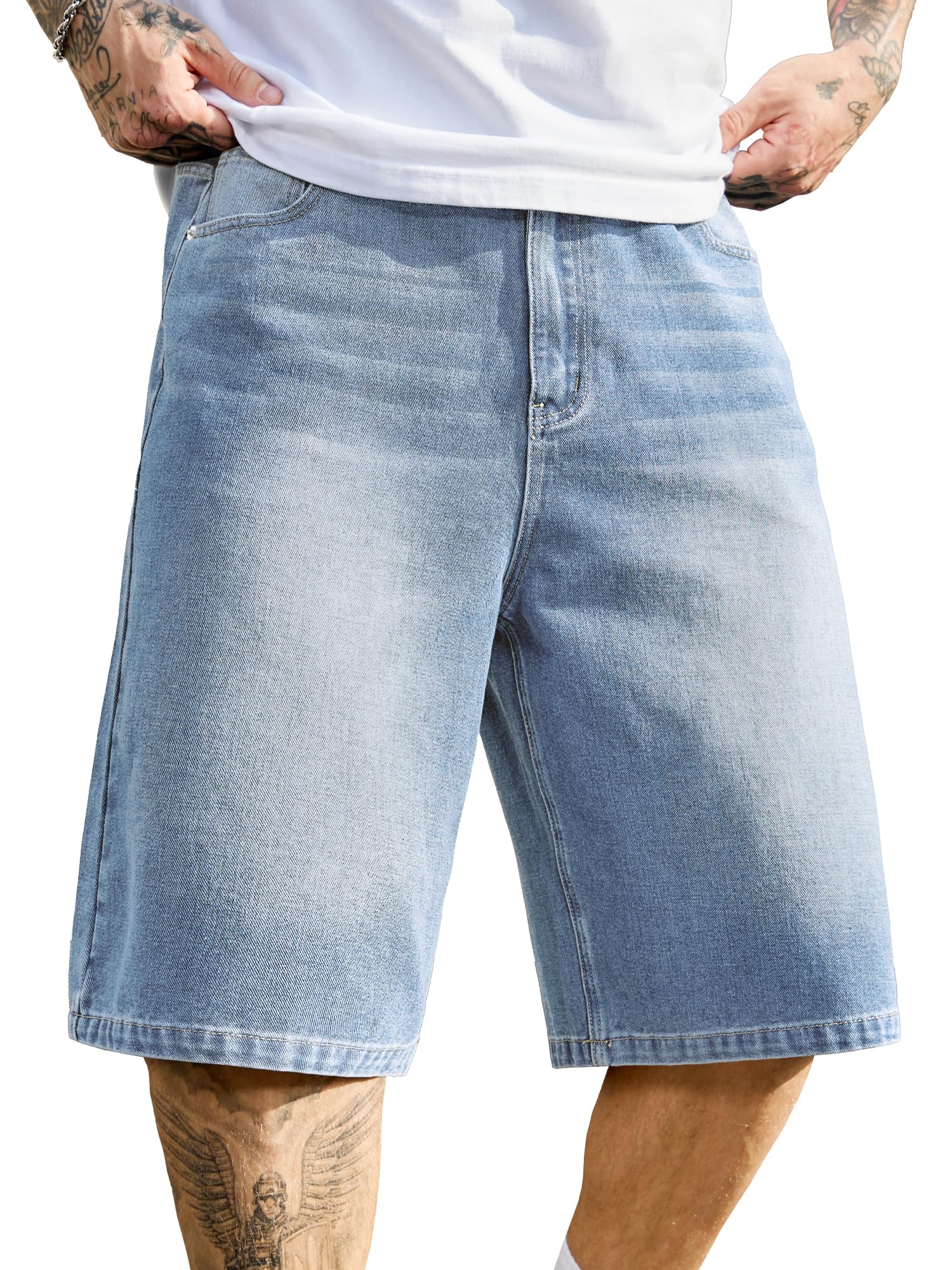 PLEPAN Mens Baggy Jean Shorts 12 inch Vintage Loose Fit Wide Leg