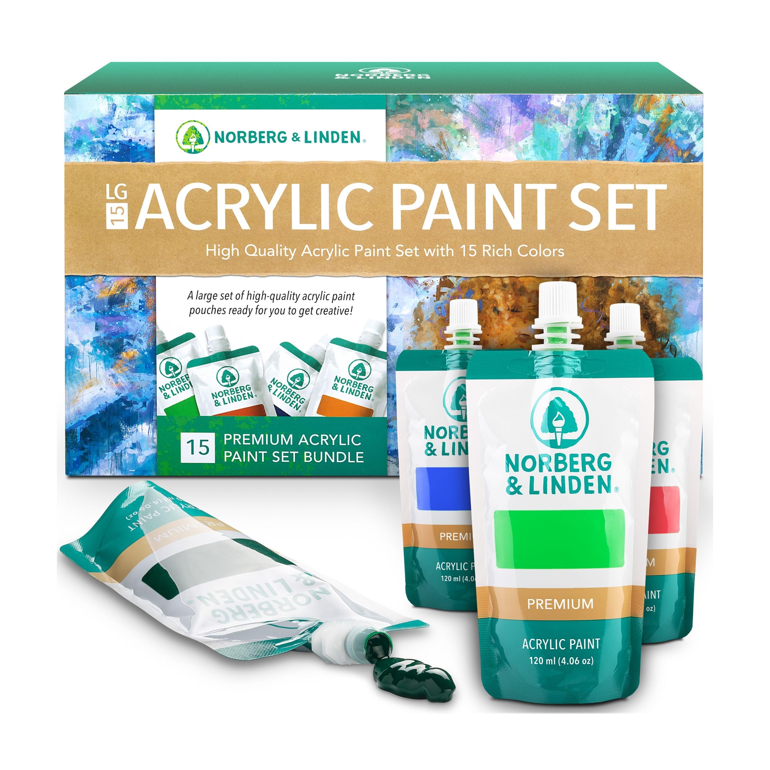 Norberg & Linden Hochwertiges Acrylfarben-Set LG15, Große Tuben mit Pigmentfarbe, einfach mischen, Färb- Bastelzubehör für Künstler, 15 Tuben 120 ml