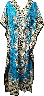 Mogul Interior Womens Caftan Maxi Dress Teal Blue Floral Print Bohemian Summer Kaftan 3XL