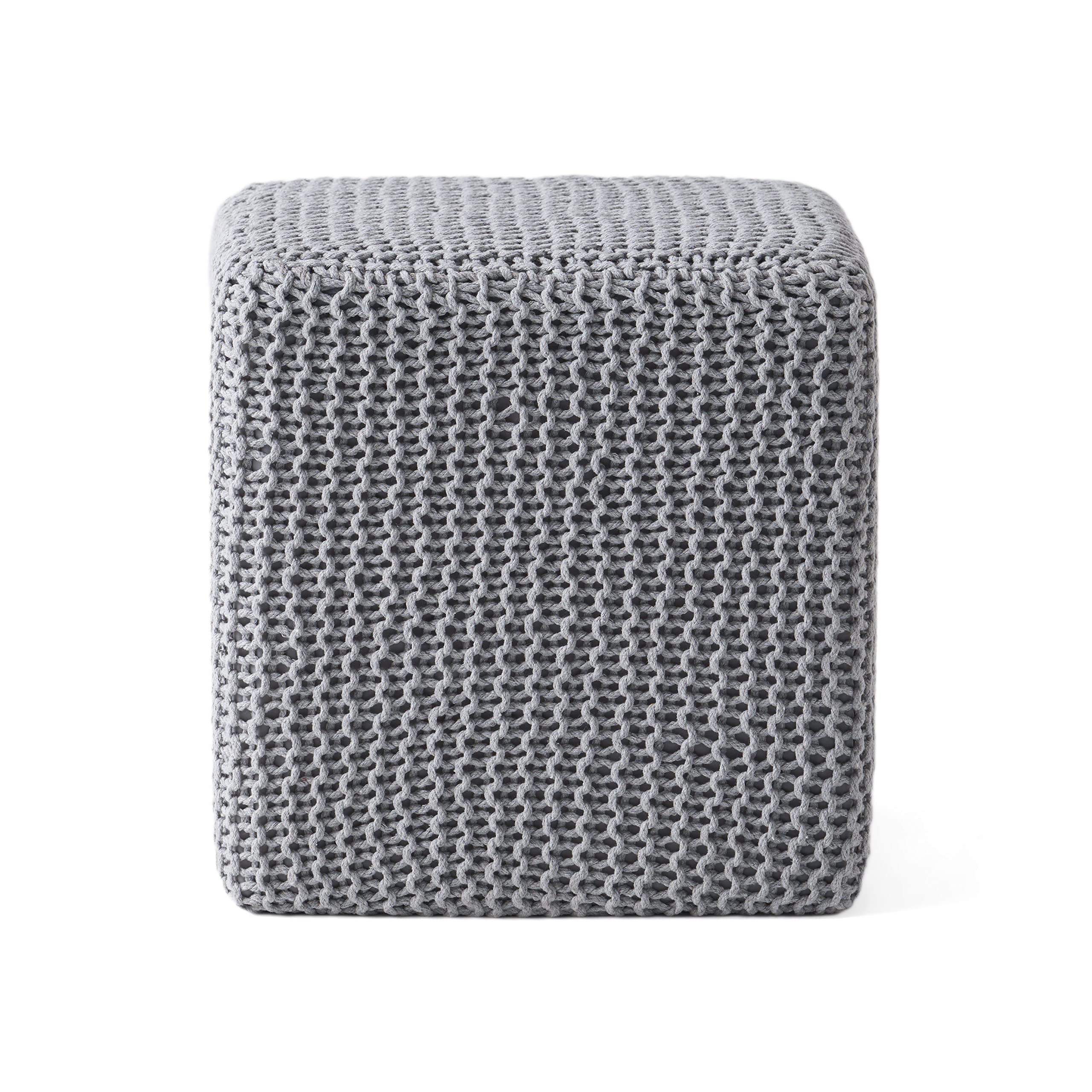 roomfitters Handcrafted Cube Pouf Ottoman, Knitted Cotton Cover with Firm Support, Modern Floor Accent or Footrest, Gray