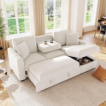 90" L-Shaped Sectional Sleeper Sofa with Reversible Storage Chaise, Warp Knitted Fabric Upholstered Convertible Modular Couch with Acacia Wood Frame, Drop-Down Center Back, Cup Holders Beige-12.30