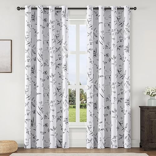 Miniatura 1 de ChrisDowa Cortinas florales 100% opacas de 84 pulgadas de largo, 2 paneles para dormitorio, sala de estar, estampado de flores negras,