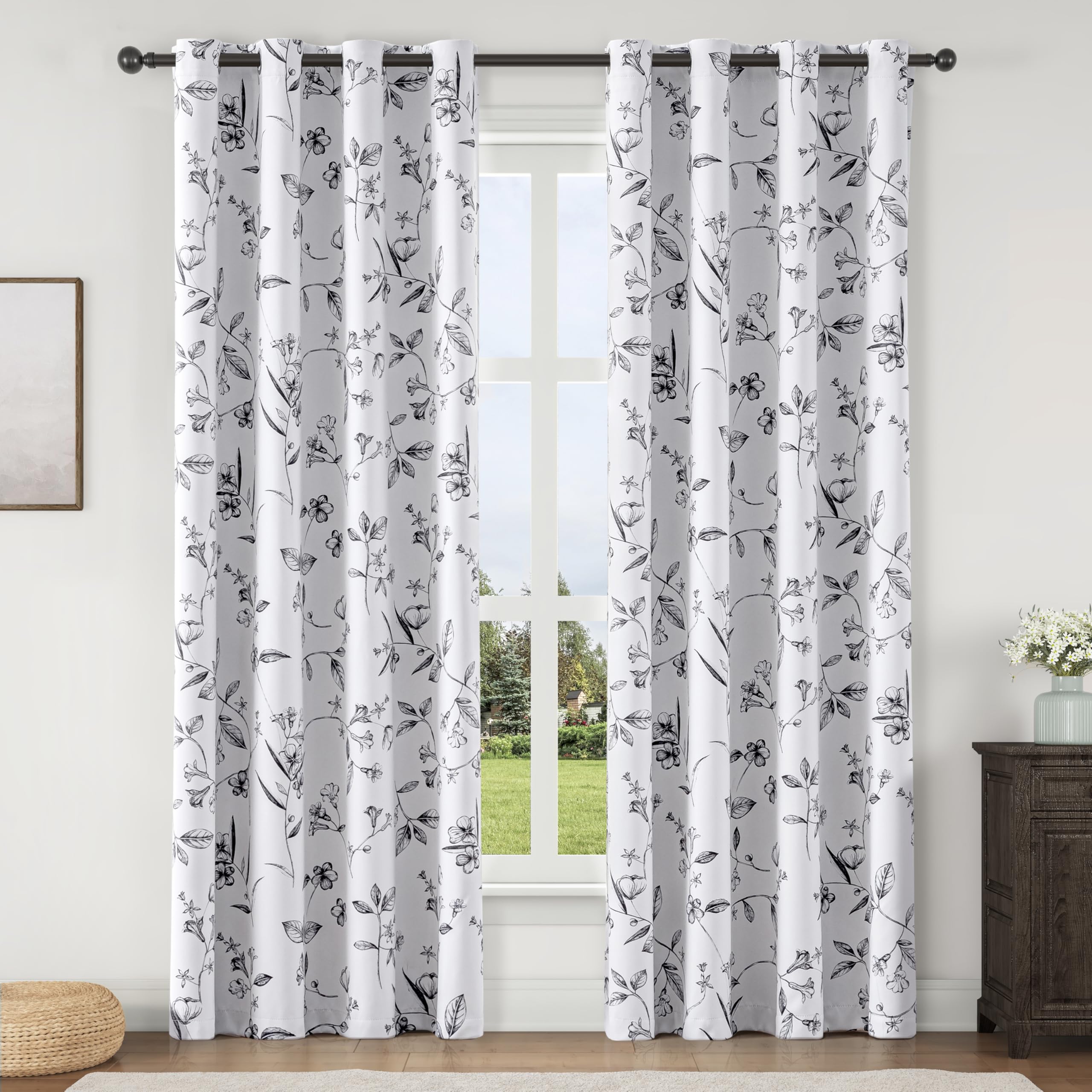 ChrisDowa 100% Blackout Floral Curtains 84 Inches Long 2 Panels for Bedroom Living Room Black Flower Patterned Room Darkening Thermal Insulated Soundproof Grommet Window Treatments Drapes,52X84