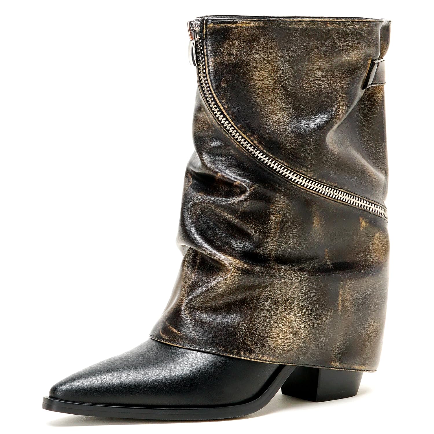 Womens Slouchy Fold Over Boots Mid Calf Cowboy Boots Pointed Toe Chunky Heel Pull On Stacked Boots