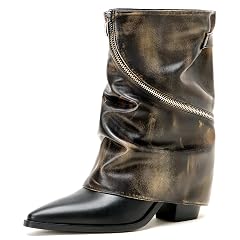 Womens Slouchy Fold Over Boots Mid Calf Cowboy Boots Pointed Toe Chunky Heel Pull On Stacked Boots