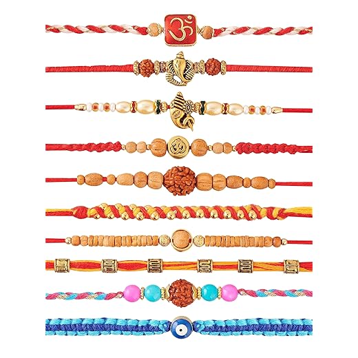 Eximious India Set of 10 Rakhi For Brother With Card Assorted Pendant Design For Raksha Bandhan Designer Rakhi Thread for Bhaiya
