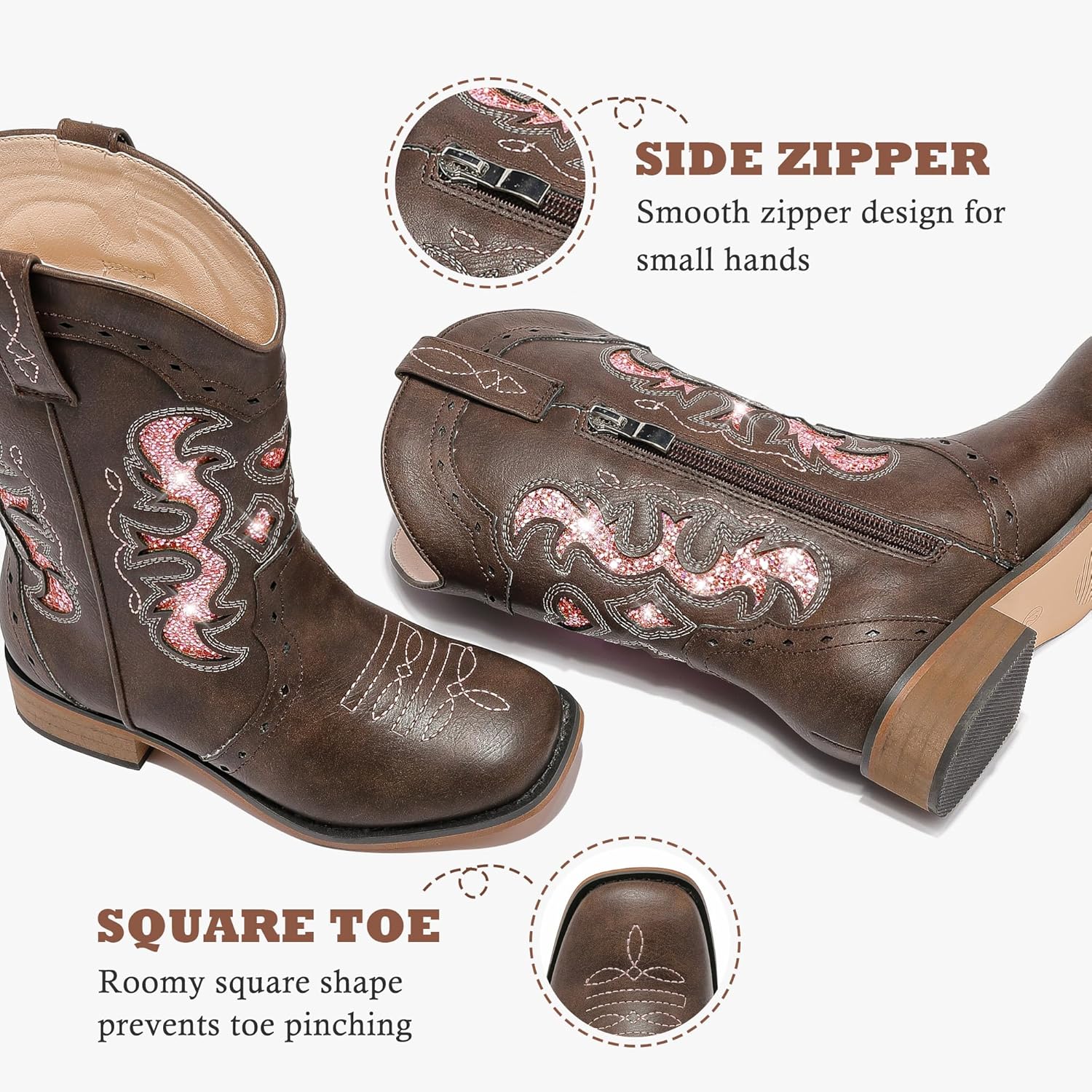 LAURMOSA Kids Cowgirl Boots for Girls Western Square Toe Girls Sparkle Boots Zipper Mid Calf Low Heel Horse Riding for Toddler Little Big Kids