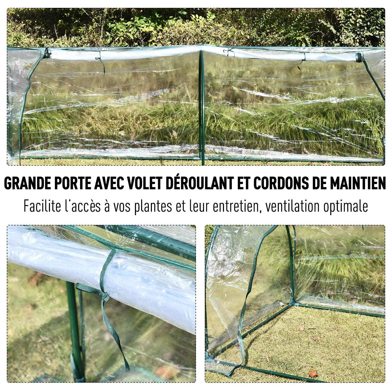 Outsunny Serre de Jardin Tunnel Mini Serre Tunnel Serre à tomates 2,5L x 1l x 0,8H m Grande Porte zippée bâche Plastique Transparent métal époxy Vert