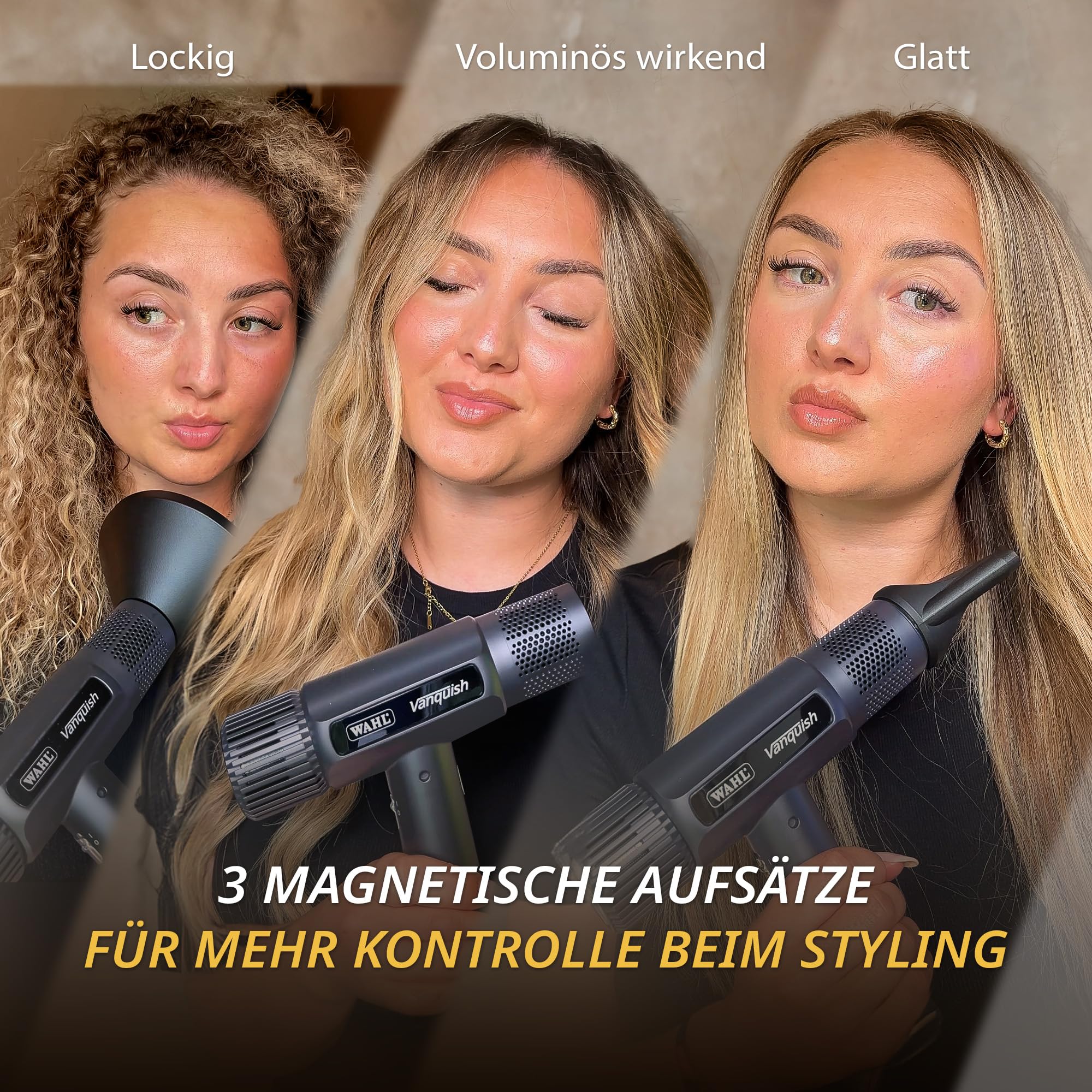 WAHL Vanquish Hair Dryer - Cool Grey, leicht, LED-Anzeige, leise, 3 Aufsätze, leistungsstark, kühles Trocknen, 3 Geschwindigkeitsstufen, Selbstreinigung, Schnell trocknend