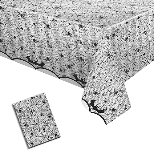 3 manteles de tela de araña de Halloween, de plástico, rectangular, desechable, color negro, con diseño de murciélago aterrador, para suministros de