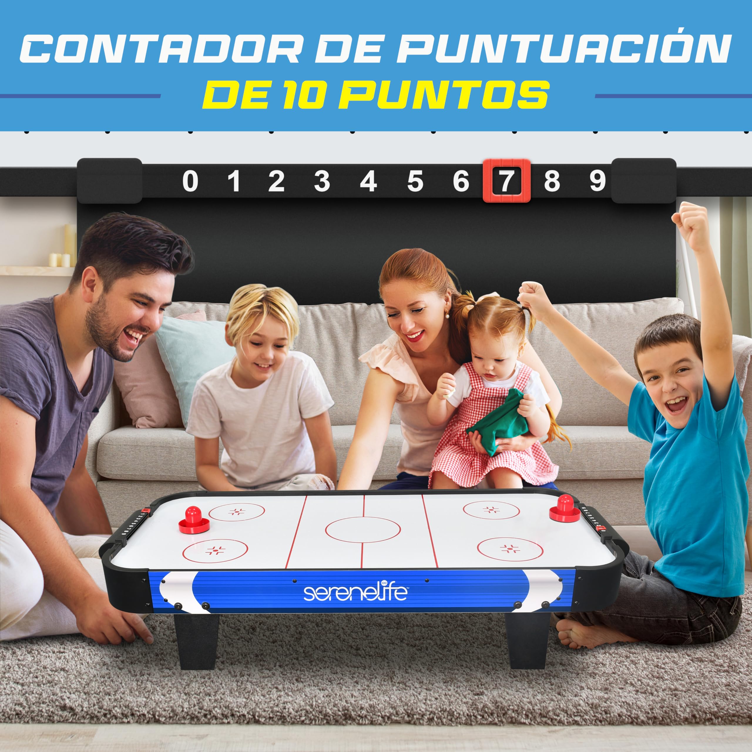 Serenelife Mesa de Hockey de Aire, Motor Dos Veces mas Fuerte, Marcador de Puntos LED Digital, Dispensador de Discos y Accesorios