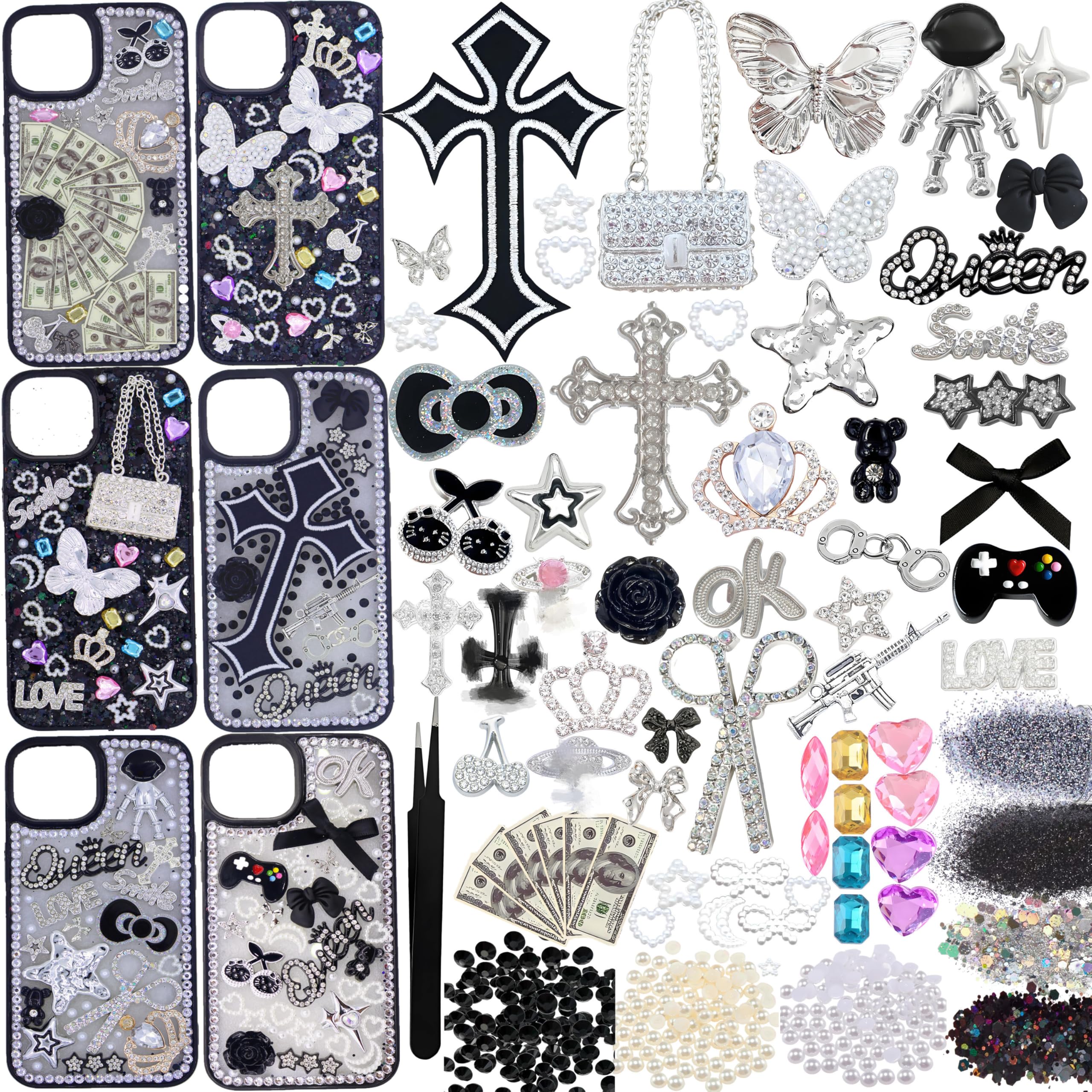 Junk Case Charms Kit,Black Junk Phone Case Charms Bedazzling Kit,Big Charm for Customizing Cases,Kawaii Bow, Nail Accessories, Flatback Pearls,
