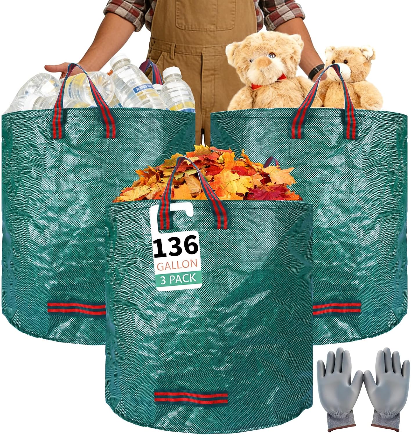 3 Pack 136-Gallon Yard Waste Bags with Gardening Gloves, Heavy Duty Reusable Lawn Leaf Bags with Reinforced Handles, Collapsible Garden Bags for Leaves, Debris and Outdoor Clean Up