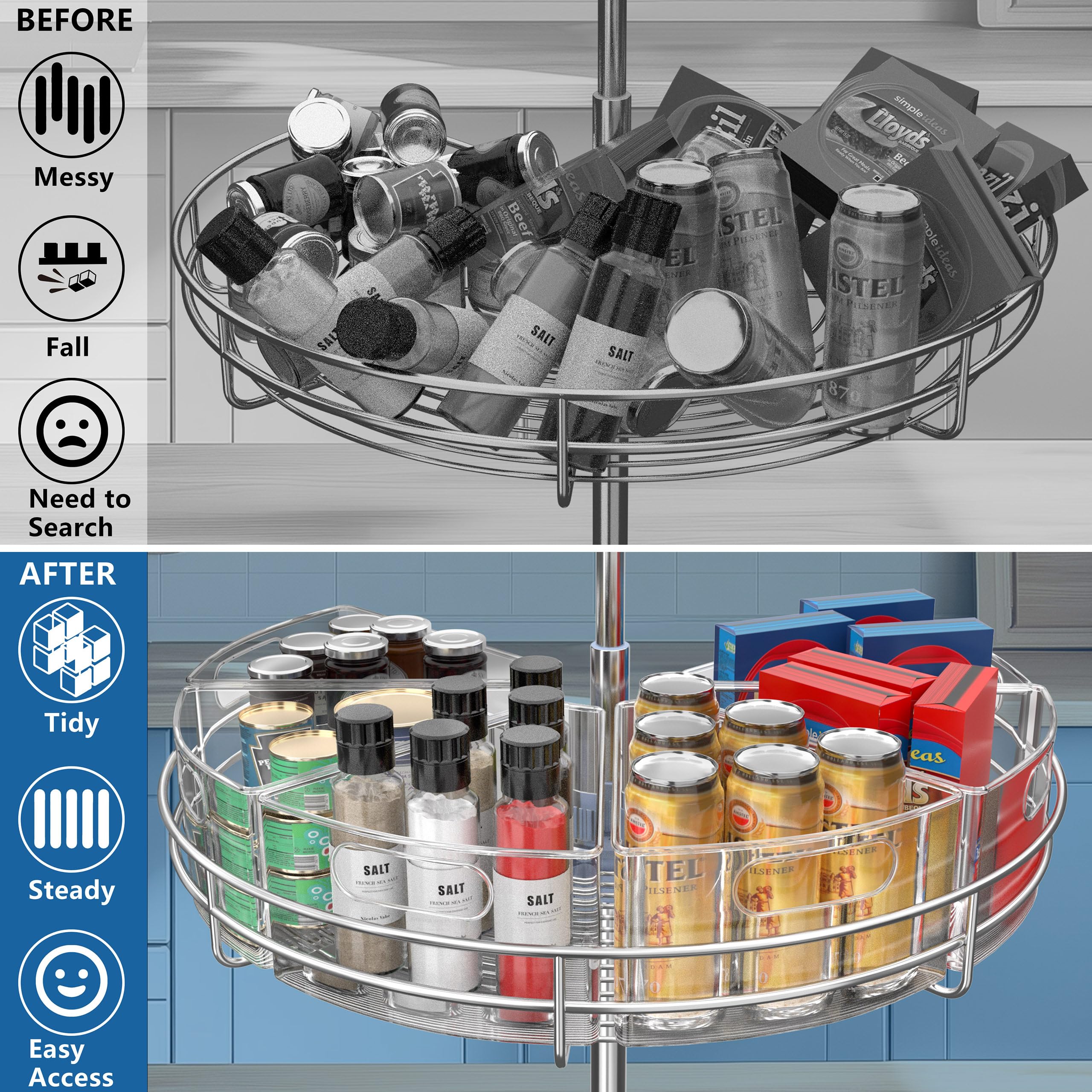JOWBOOW Lazy Susan Organizer für Eckschränke mit 71,1 cm - 73,7 cm Durchmesser, 6 Stück, transparenter Kunststoffschrank und Speisekammer-Aufbewahrungsbehälter, 1/8 Keil, lebensmittelecht, BPA-frei