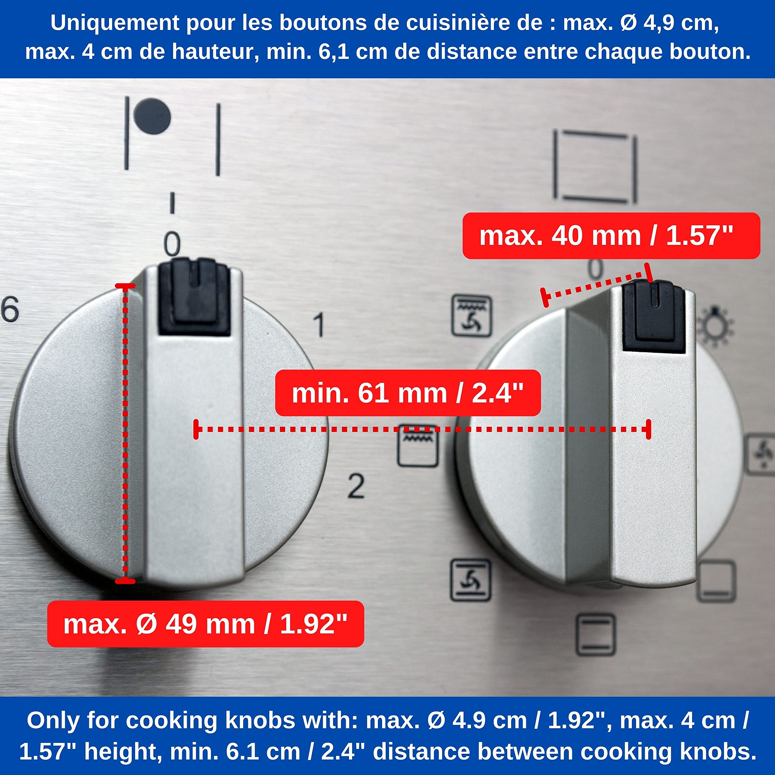 Cache-Boutons de Cuisinière et Verrou pour le Four, Jeu de 7, pour Cache Boutons avec max. Ø 4,9 cm avec min. Distance centre à centre de 6,1 cm, Couverture Bouton Cuisinière, Bloc Protection enfants
