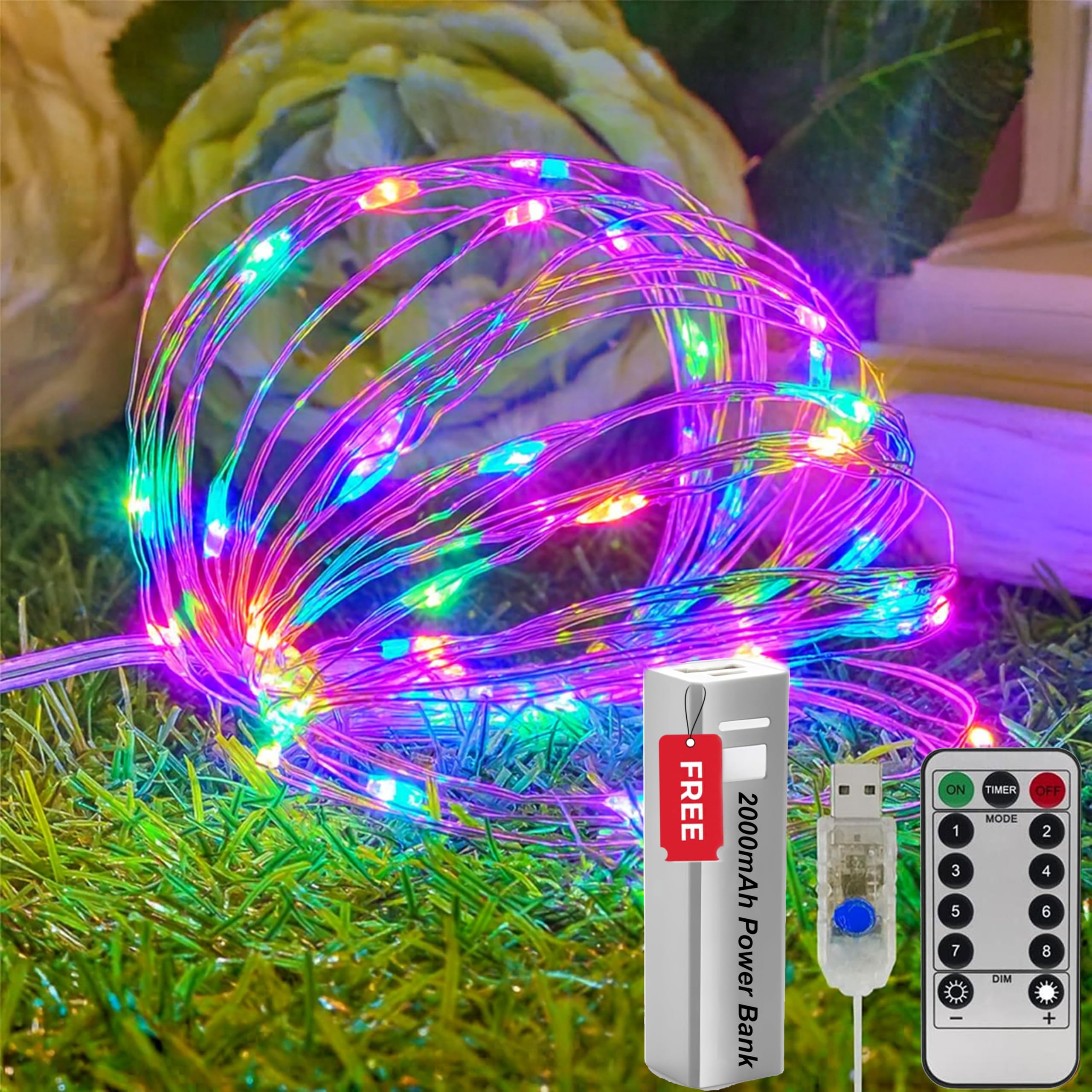 SR ESSENTIALS Fairy Lights, 100 LED 10M USB Plug-in String Lights with Remote, Indoor Outdoor + Free 2000mAh Power Bank for Bedroom, Wedding Decor, Party, Christmas, Tree Decoration (Multicolor)