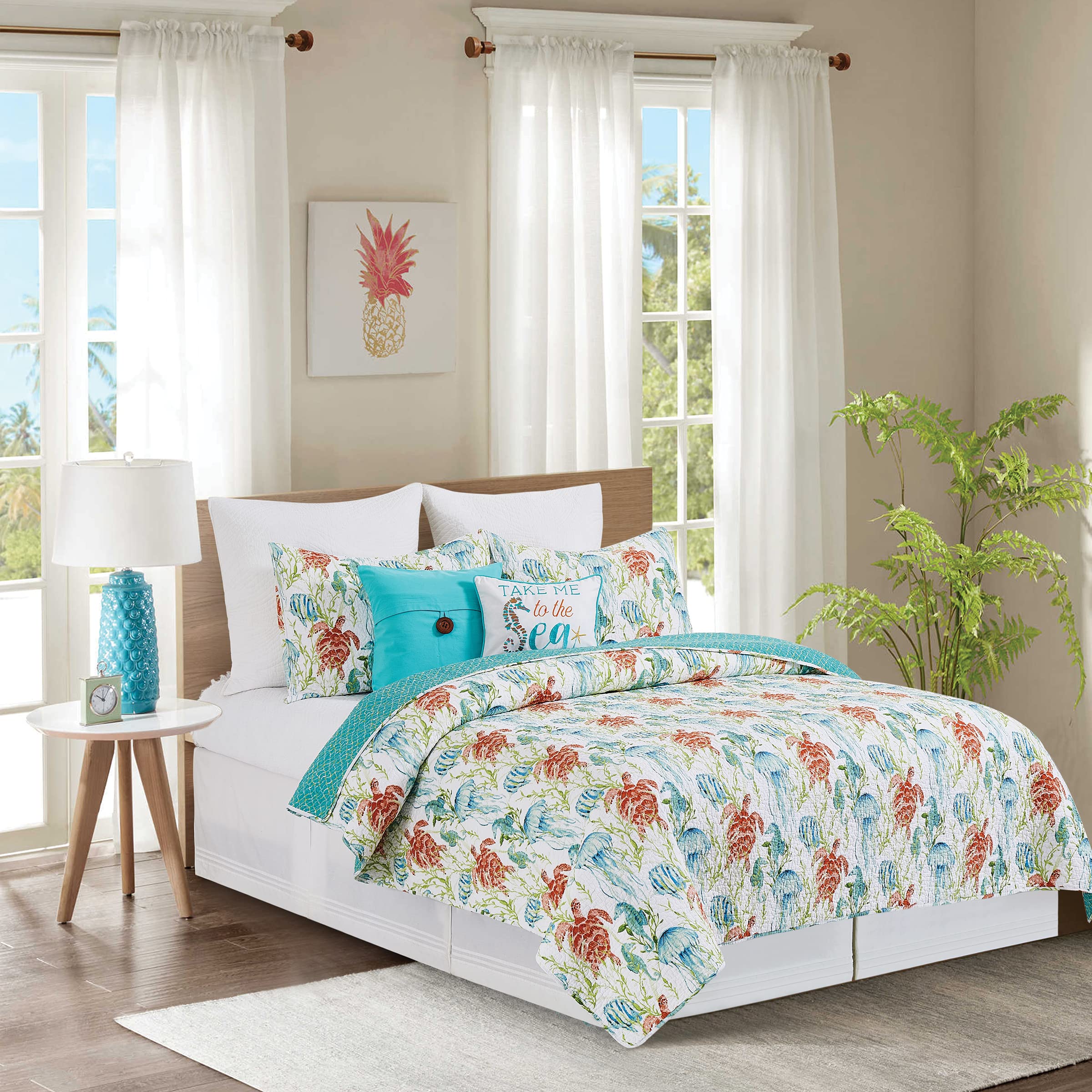 C&F HomeParadise Sound 3 Piece King Quilt Set Aqua Animal Icon Print Coastal Ocean Beach Seaside 100% Cotton Lightweight Machine Washable Reversible Bedspread Coverlet King 3 Piece Set Aqua