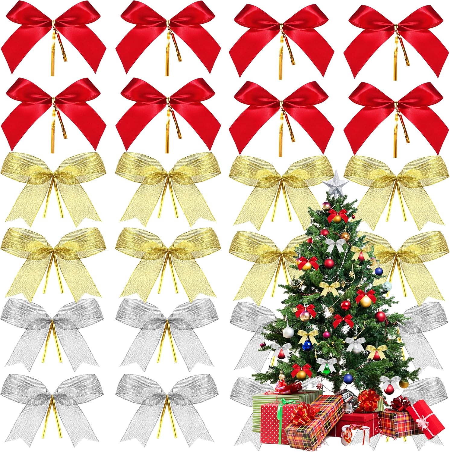 RMMD 24 PCS Christmas Tree Bows Red &Gold Bows for Christmas Tree