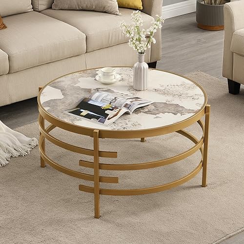 Miniatura 1 de SSLine Mesa de centro de piedra sinterizada con patas de marco de metal dorado, mesa de centro redonda de lujo para sala de estar, moderna y