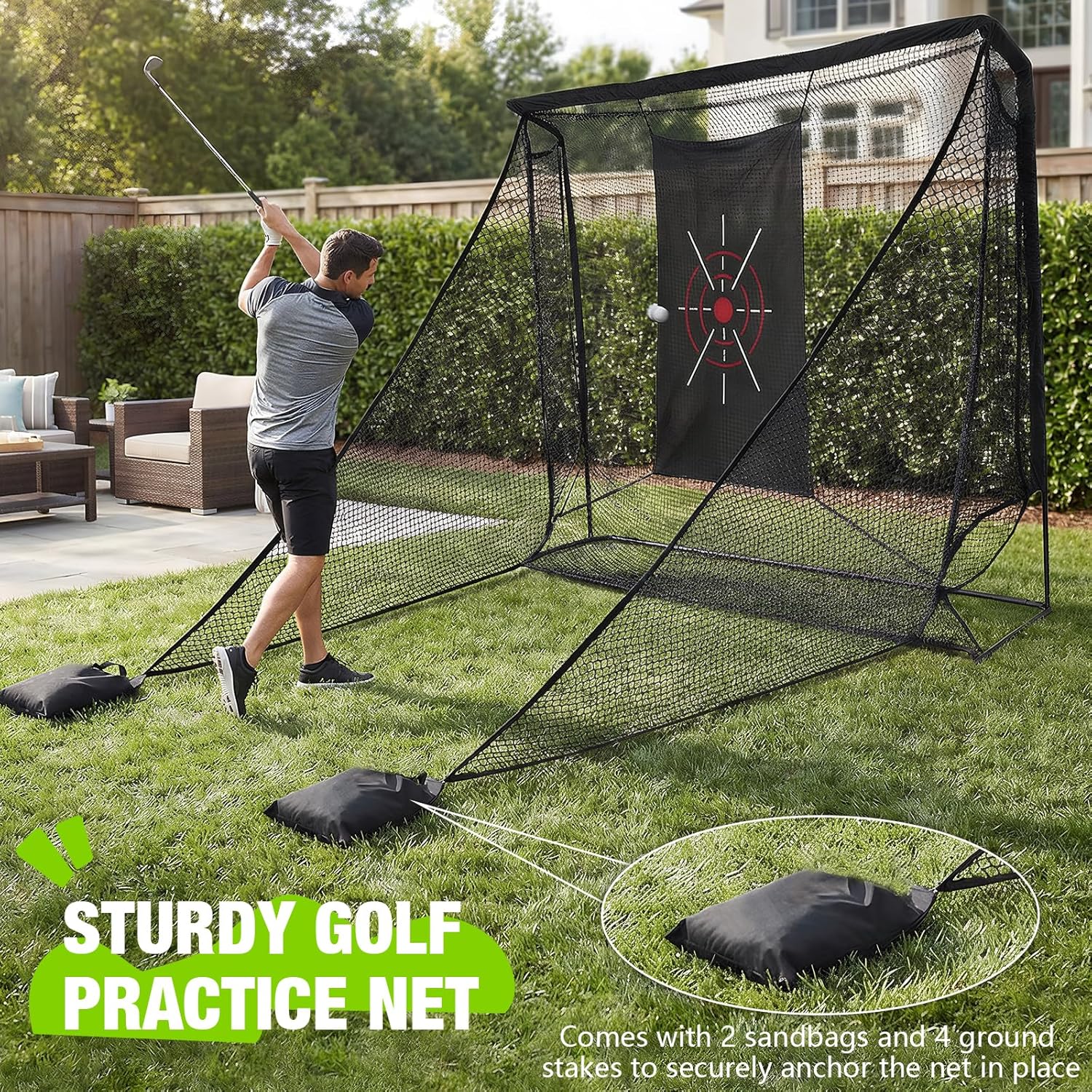 Golf Net 10x7ft Heavy Duty Golf Practice with Side Barriers Target Cloth Carry Bag Hitting Net for Backyard Driving Chipping Indoor Outdoor Training