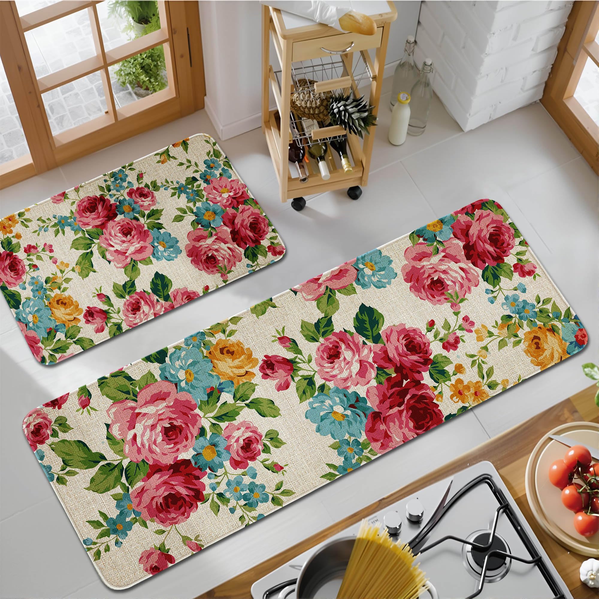 Kitchen Mats for Floor Set of 2 Pieces Kitchen Rugs and Mats Non Skid Washable Kitchen Floor Mat (Pink Red Roses Floral), 17''x47''+17''x30''