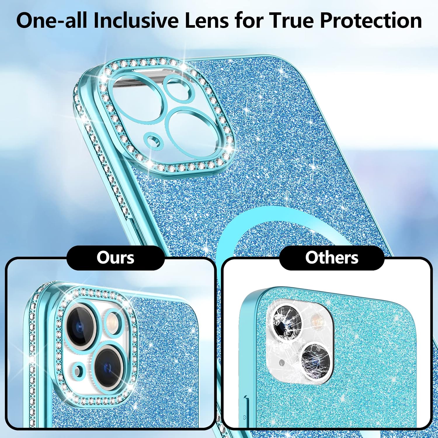 oleevee Glitter Magnetic Case for iPhone 13 Case, Compatible with MagSafe, with Wrist Strap, Diamond Camera Cover, Sparkle Shockproof Protective iPhone 13 Case 6.1 inch for Women Girls, Blue