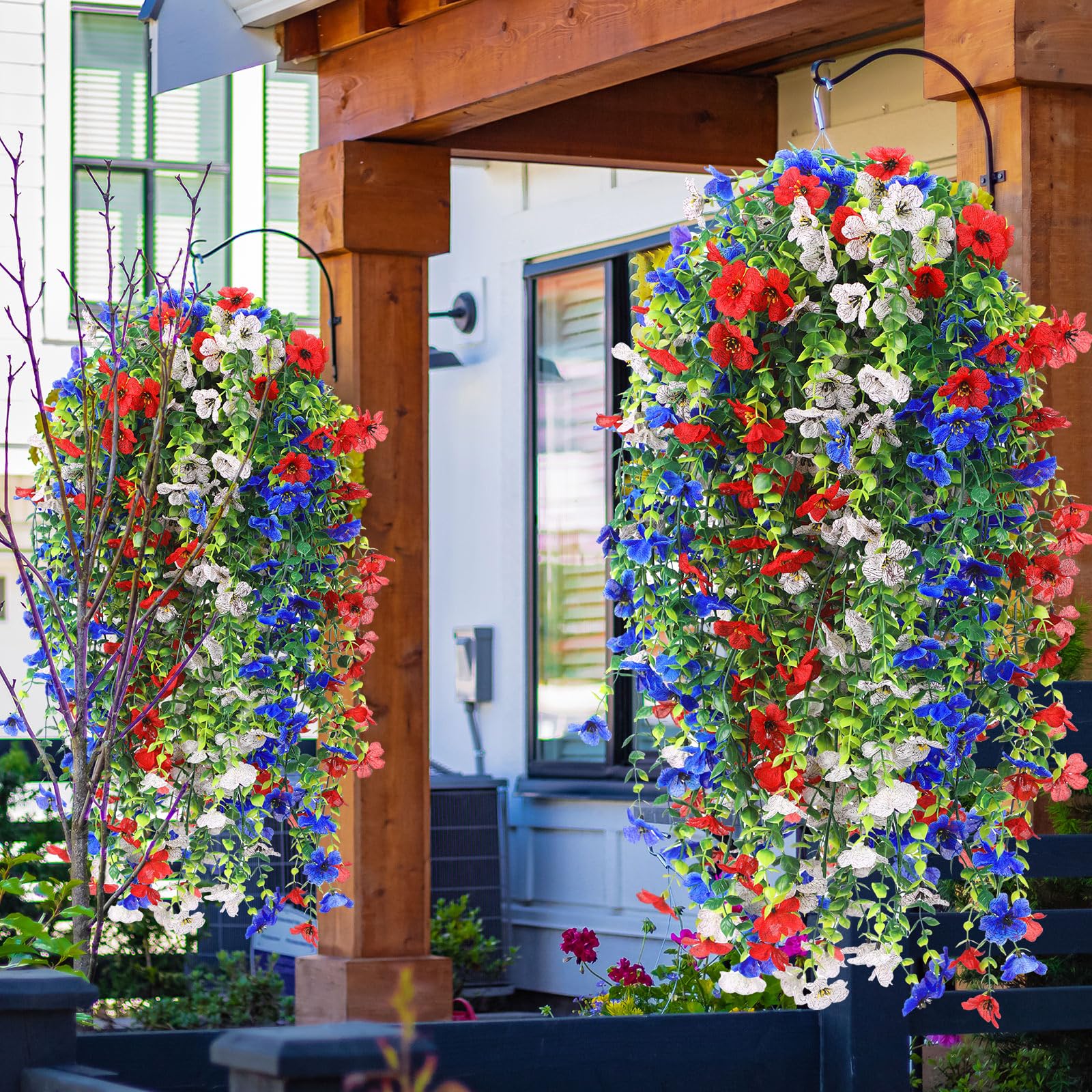 Künstliche Hängeblumen für den Außenbereich, patriotische Seidenmütter, Veilchen mit Eukalyptus, realistisch, UV-beständig, für Veranda, Terrasse, Hof, Innenbereich, Hochzeit, Party