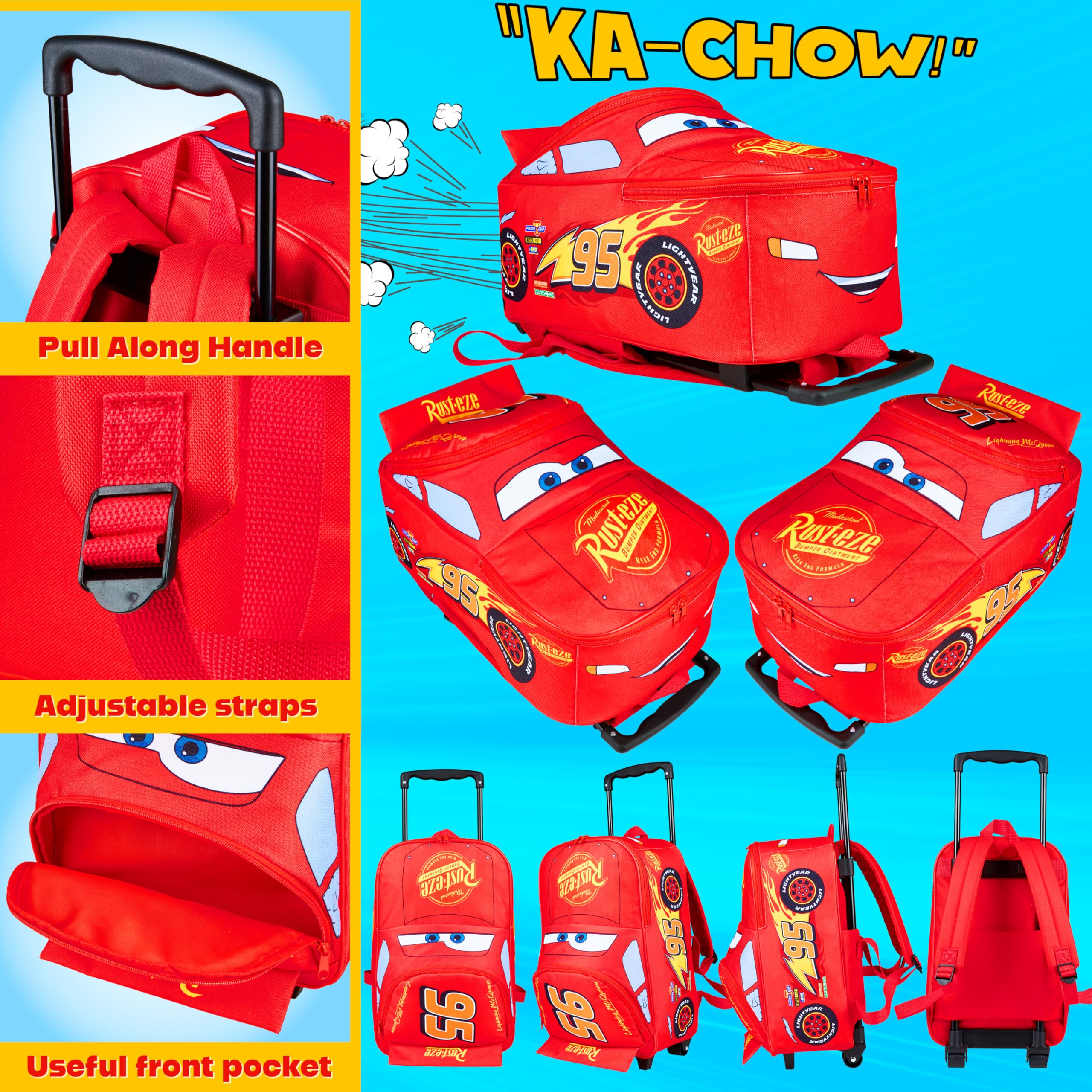 Disney Cars Flash Mcqueen Sac a Dos Roulette, 2 en 1 Sac à Dos et Trolley, Valise Cabine avec Fermeture Eclair, École, Sport ou Voyage, Cadeau Enfant (Rouge Lightning Mcqueen)