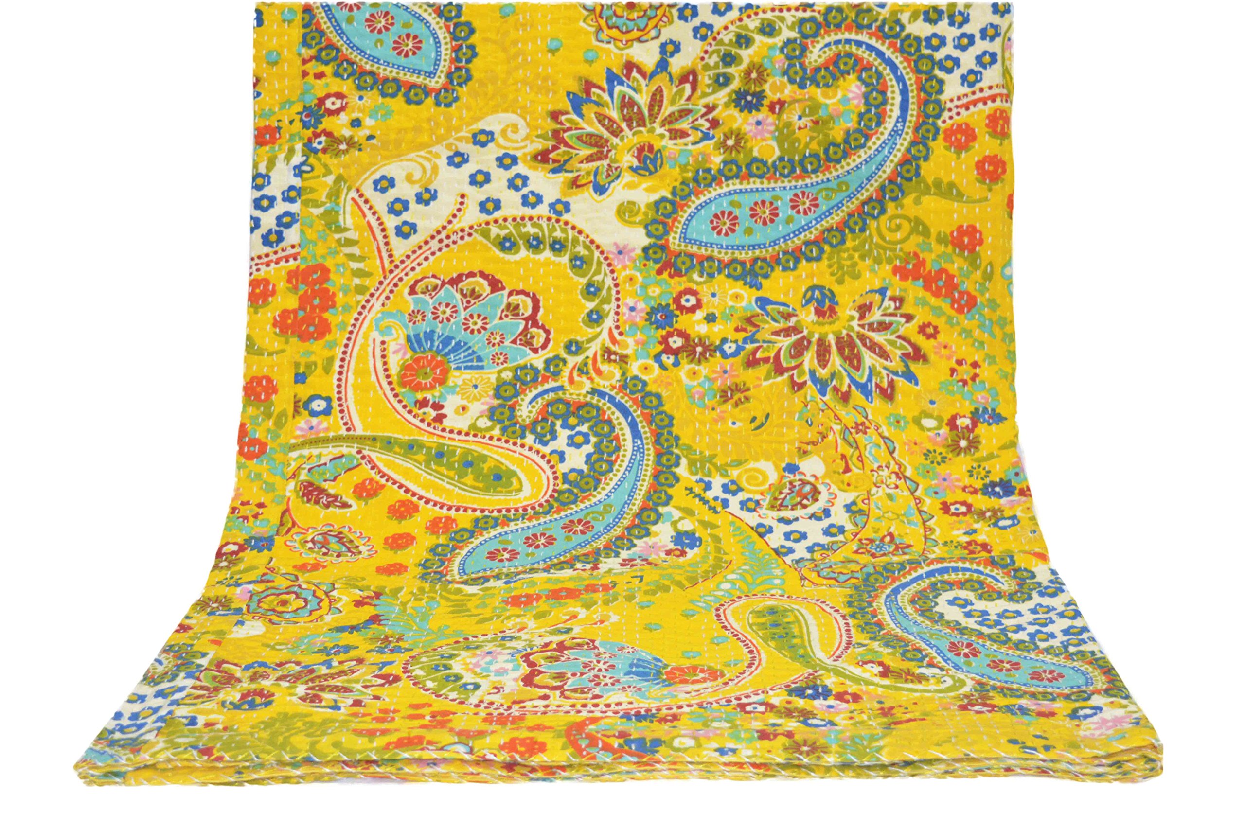 Sophia-Art Yellow Multicolor Paisley Print Queen Size Kantha Quilt, Kantha Blanket, Bed Cover, King Kantha Bedspread, Bohemian Bedding 90x108 Inch