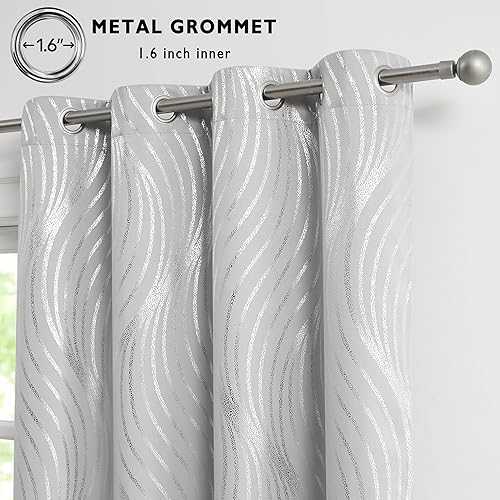 Miniatura 3 de Cortinas opacas completas con estampado de ondas metálicas plateadas, 95 pulgadas de largo, aislamiento térmico, a prueba de sonido, para sala de