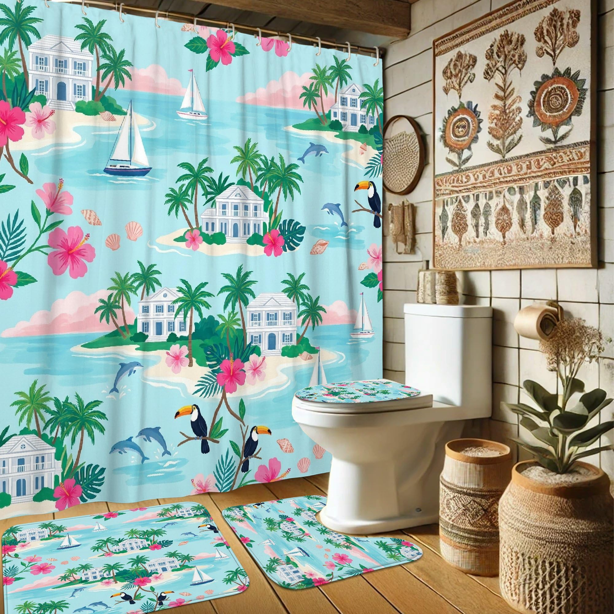 Rideau de douche anti-éclaboussures dauphin bleu tropical