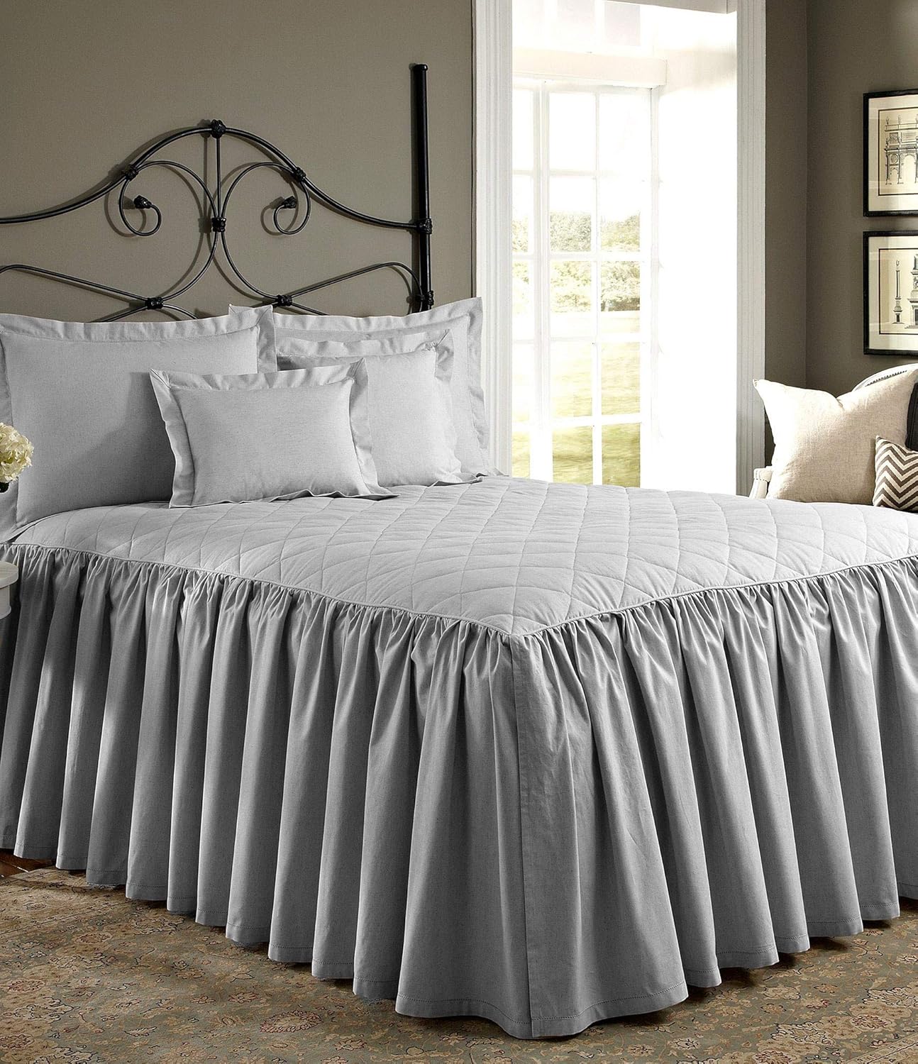 25" Drop 1 Piece Quilted Dust Ruffle Bed Skirt/Bed Spread 100% Egyptian Cotton 500 TC Blue Twin Size