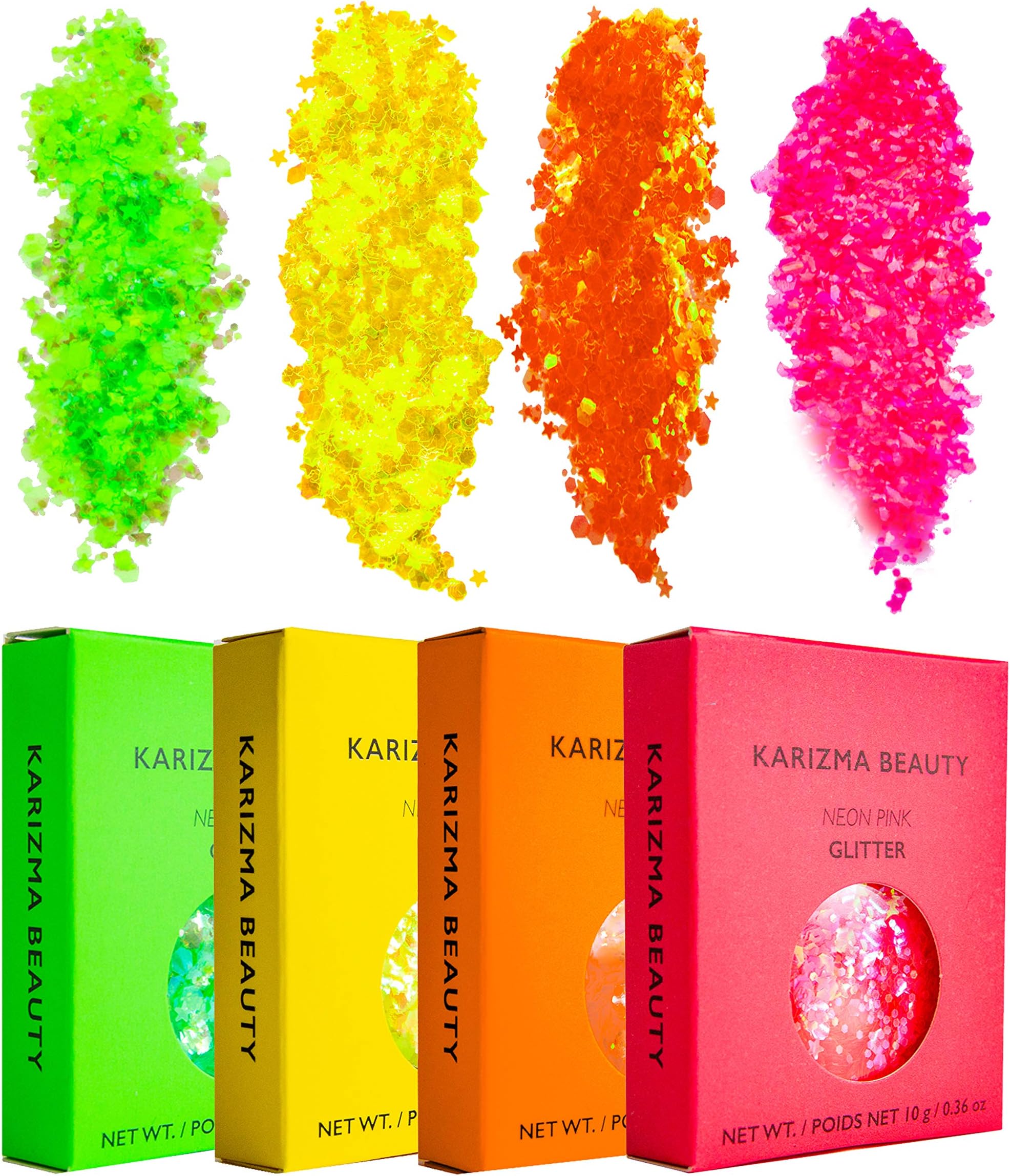 KARIZMA Neon Nights! 4X 10g Chunky Face Glitter, Hair, Eye and Body for Women and Men. Rave Festival Accessories and Cosmetic Makeup. Loose Pots