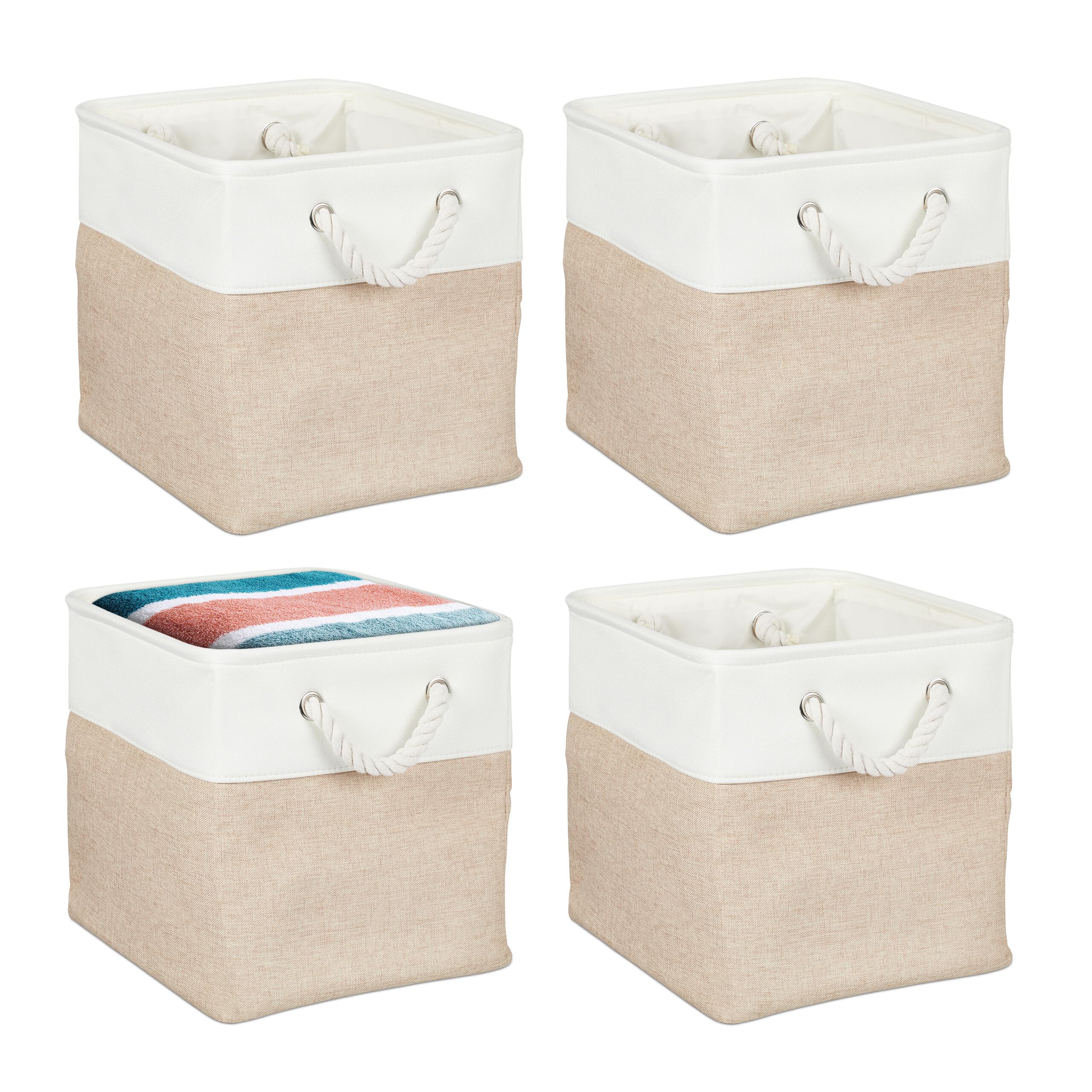 Relaxdays Cesti Portaoggetti in Tessuto Lino, 28x28x28 cm, Scatola da Scaffale a Cubo, Manici in Corda, Bianco Beige