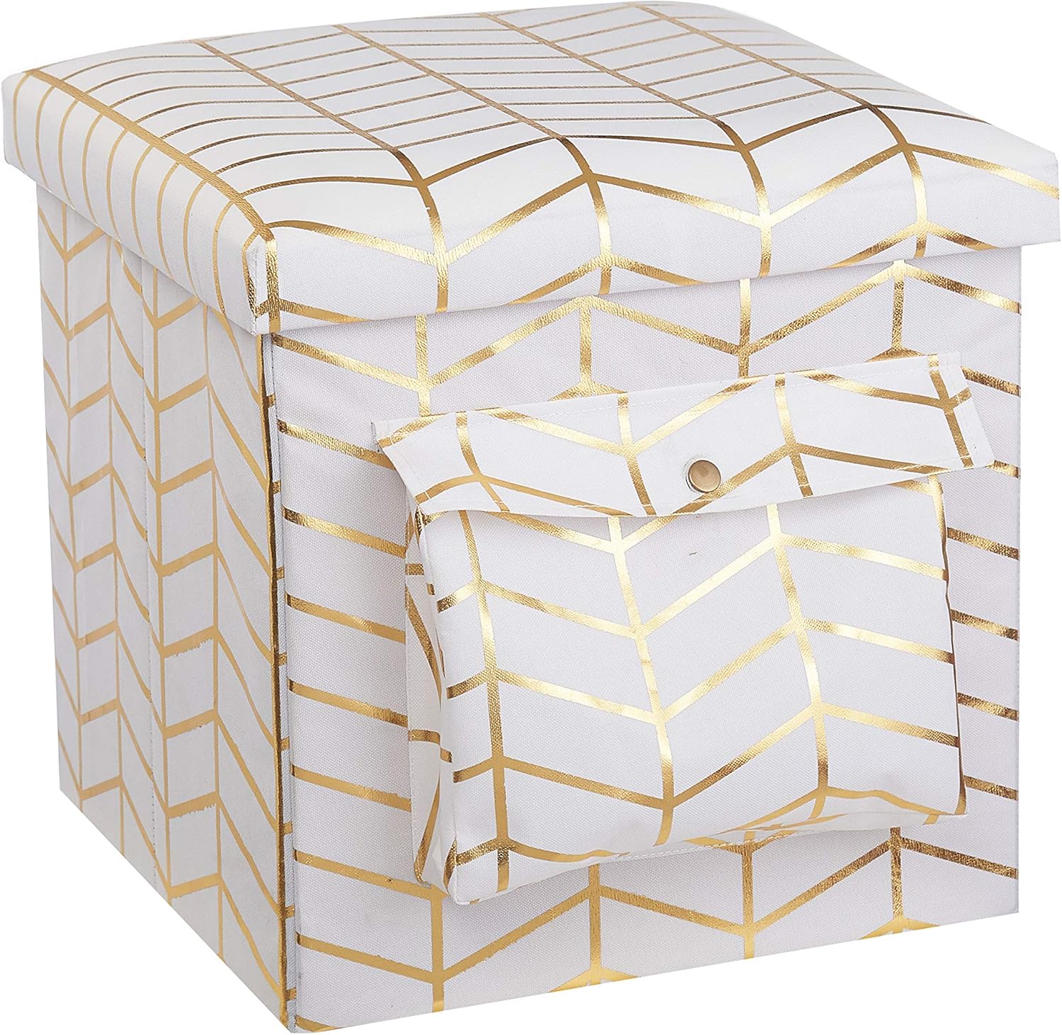 Urban Lifestyle Collapsible Storage Ottoman with Laptop Stand Tray Lid and Storage Pocket, Gold Geo, 15"x15"x15"
