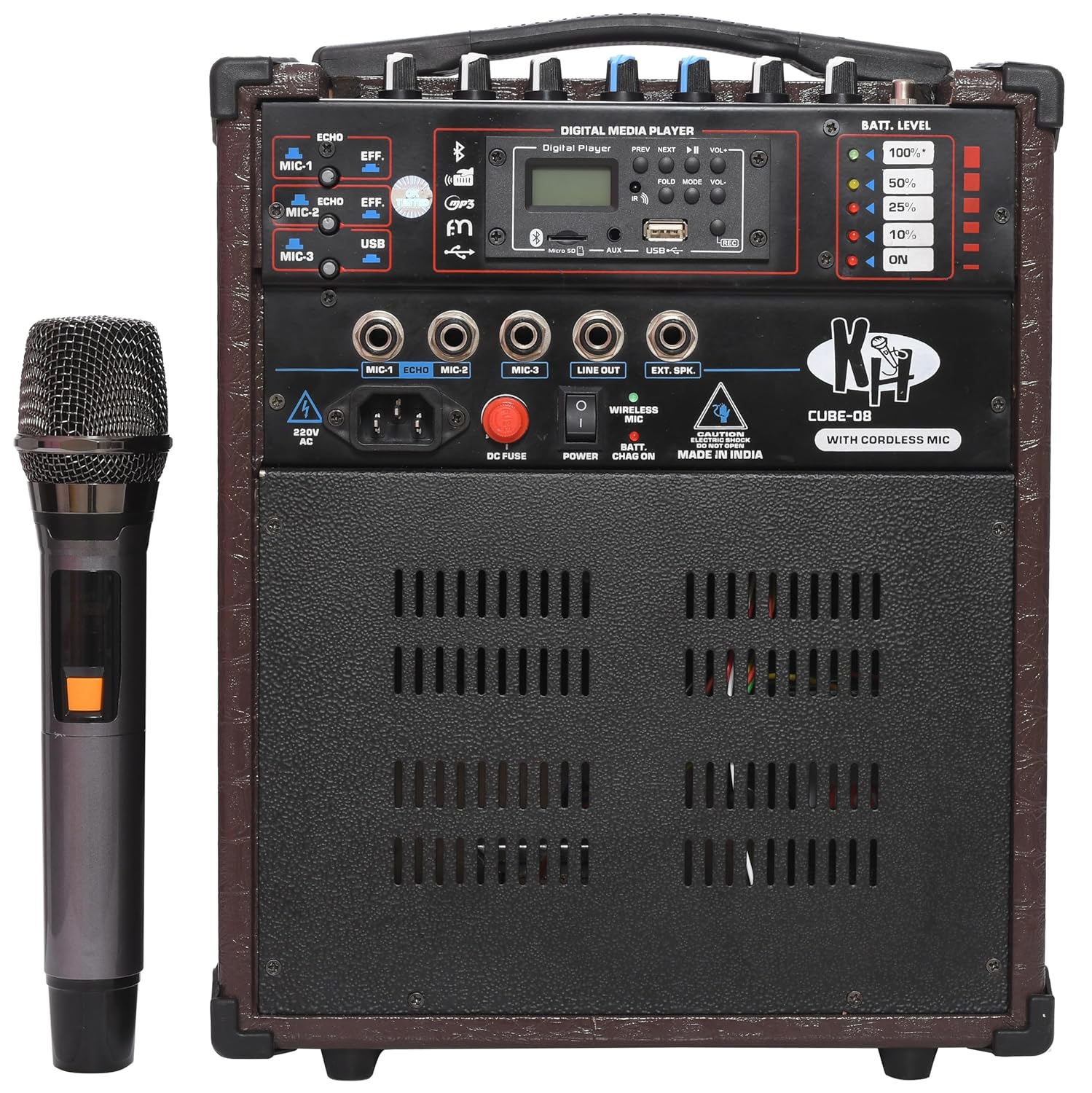 kh Portable PA System with 8-Inch Speaker Karaoke Wireless Mic, 3 Mic Inputs, Bluetooth, FM Radio, USB, TF/12V Battery, Echo Sound Feature