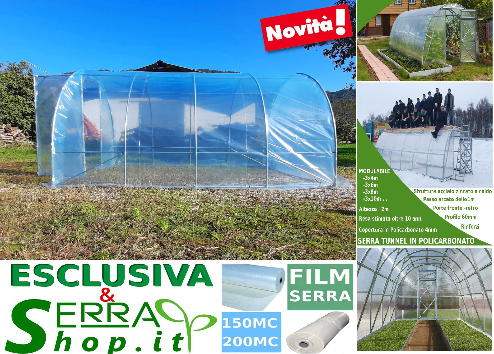 Invernadero Tunnel 3 x 8 m con lona PVC 150 MC Made in Italy con puerta frontal huerto jardín plantas vivero invernaderos botánicos