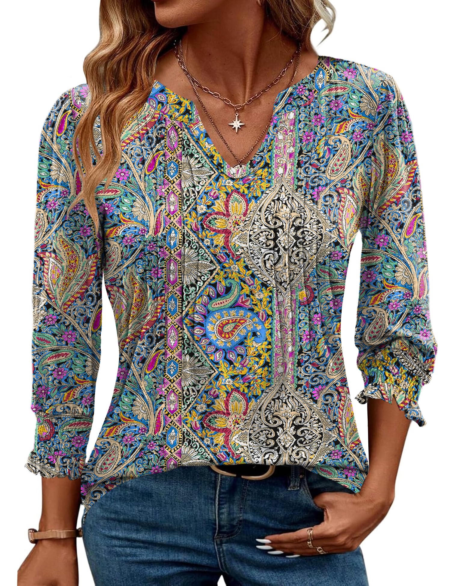 AKEWEI Blouses for Women Dressy Casual 3/4 Length Sleeve Spring Tops for Women V Neck Pleated T Shirts