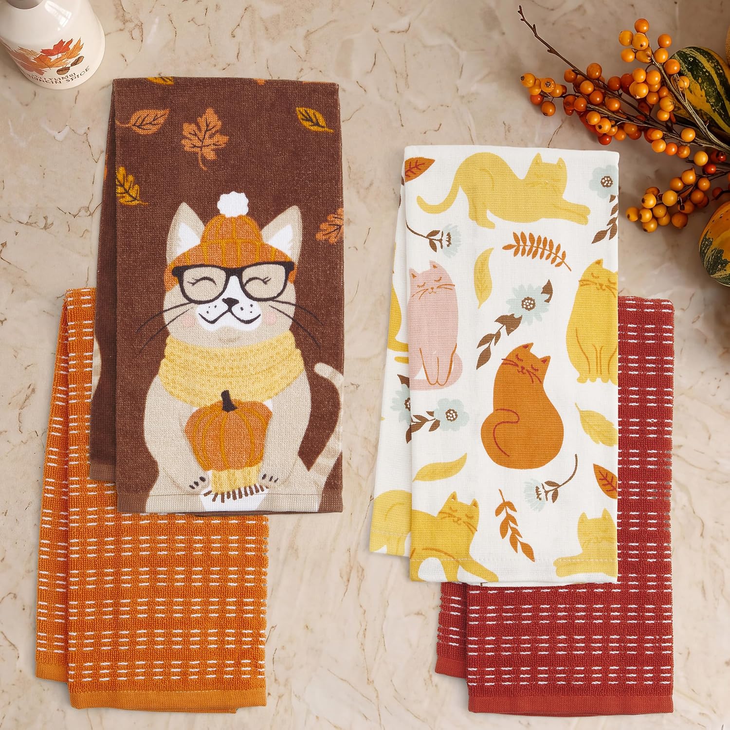 Ritz 4-Piece Kitchen Towel Set, Forever Cat Textured Terry, 100% Cotton & Absorbent Blend, 16" x 26", Boho Forever Cat Kitchen Decor