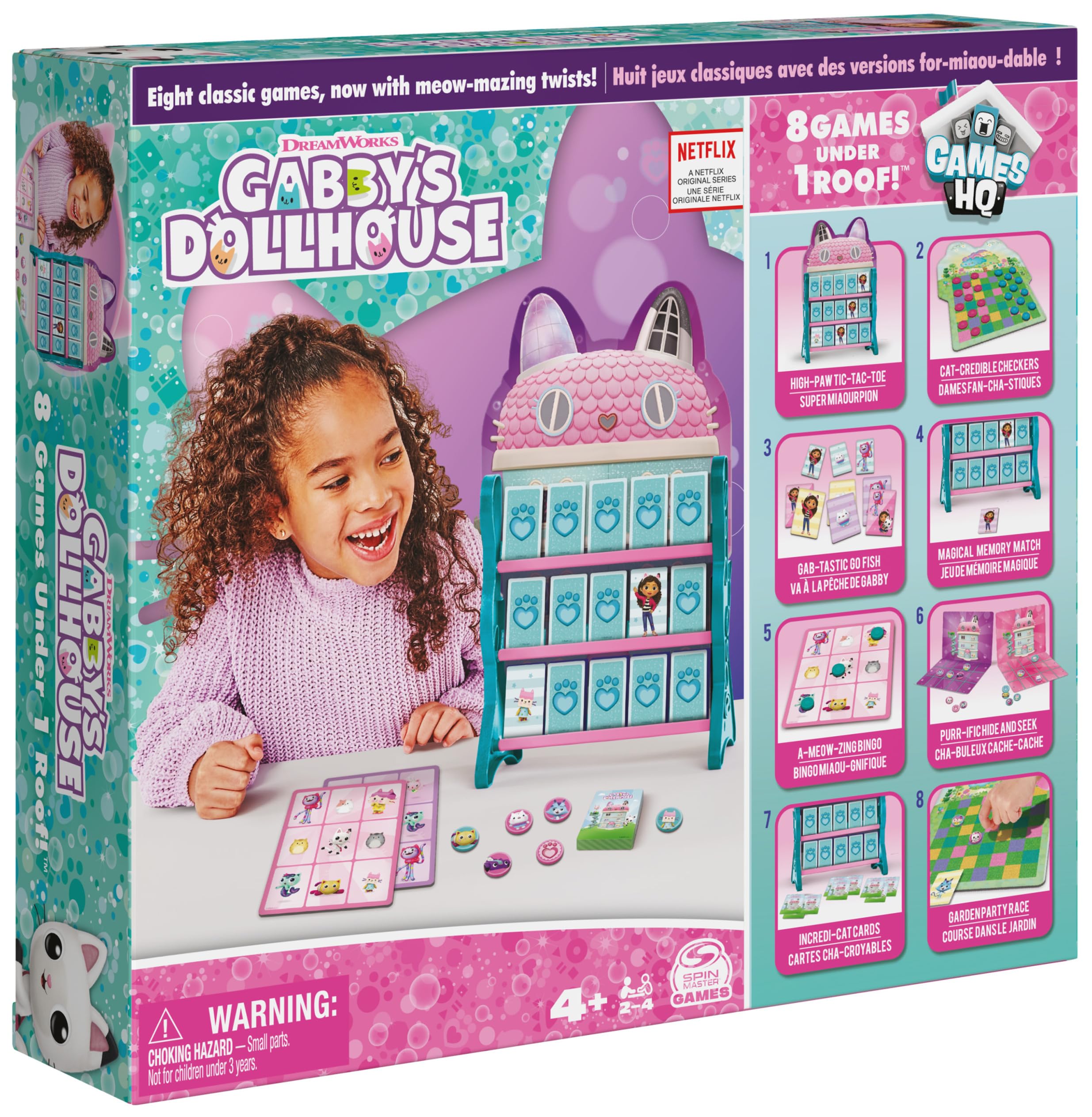 Gabby’s Dollhouse, Games HQ Checkers Tic Tac Toe Memory Match Go Fish Bingo Cards Board Games Toy Gift Netflix Party Supplies, for Kids Ages 4 and up