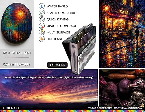 28 Dark Nocturnal Colours Acrylic Paint Pens Studio Colour Series Markers Set 0.7mm Extra Fine Tip, Rock Painting, Glass, Mugs, Wood, Metal, Canvas, DIY, Detailing. Non Toxic, Waterbased, Quick Drying - 5