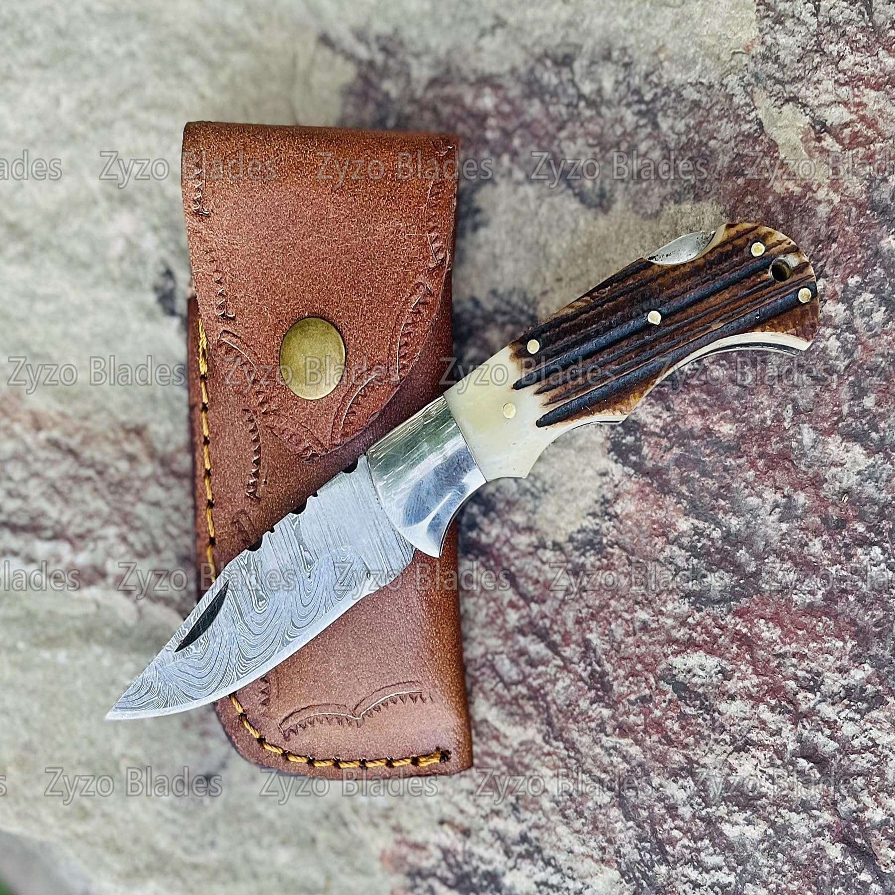 Handmade Stag Antler Handle Pocket Folding Knife Damascus Blade
