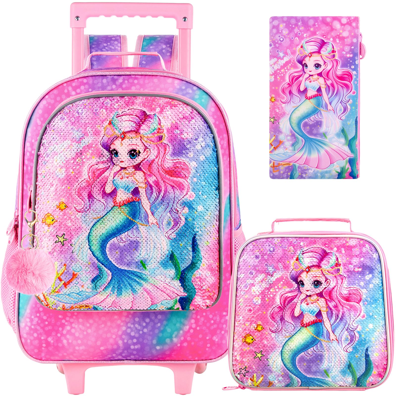 KLFVB Rolling Backpack for Girls Boys, Kids Roller Wheels School Bookbag with Lunch Bag, Wheeled School Bag for Children