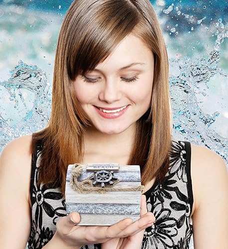 Miniatura 5 de CoTa Global Joyero de madera de mar plateado, juego de 2 piezas, baratija náutica hecha a mano con ancla y estrellas de mar, decoración del hogar de