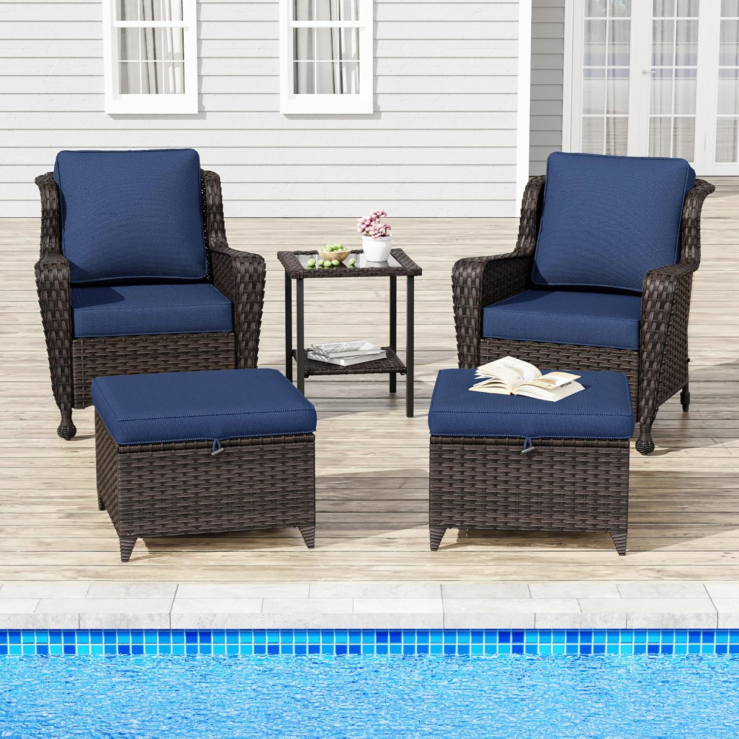 5 Pieces Outdoor Patio Wicker Chairs Set with Ottoman, PE Wicker Outside Conversation Furniture Set with Coffee Table for Porch, Poolside, Lawn, Garden, Balcony
